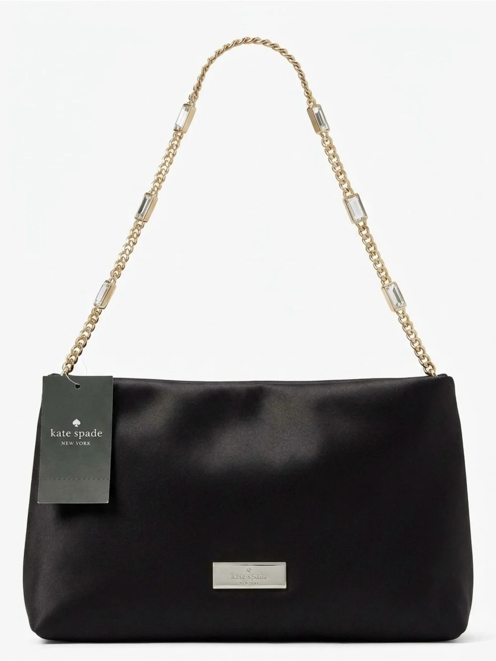 Kate Spade Anya Black Satin Shoulder Bag with Gold Chain Accents & Gems — NWT!